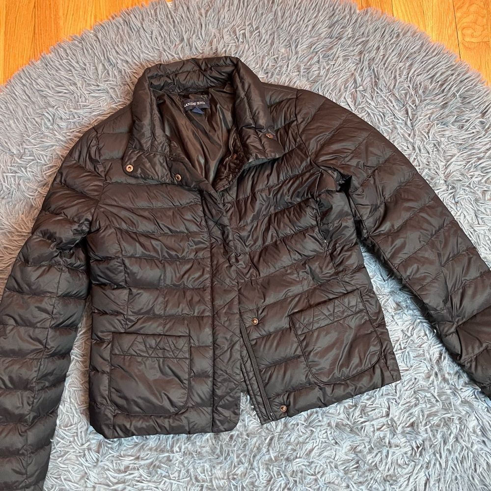 Land's End Black Quilted Short Puffer Jacket Down Feathers Size S